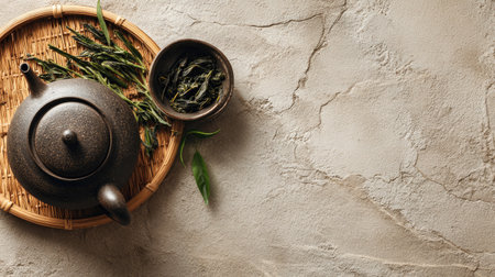 This image features a rustic teapot alongside fresh tea leaves on a natural surface, evoking a serene atmosphere perfect for wellness and relaxation.の素材