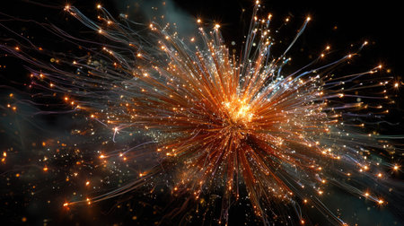 A stunning display of fireworks bursting into colorful sparks produces a vibrant celebration of light and energy against a dark backdrop. Perfect for event themes!の素材
