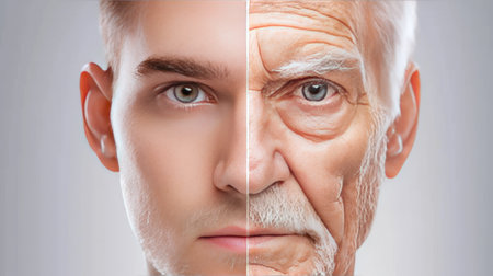 This striking image showcases the transformation from youth to old age through a split face concept. It highlights the contrast in features, expression, and emotional depth, provoking thoughts about aging and identity.の素材