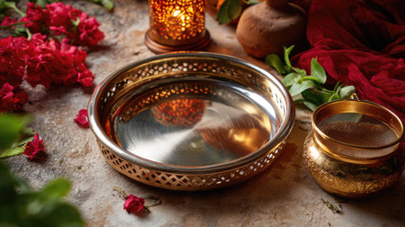 A beautiful silver tray set against a backdrop of vibrant flowers and warm lantern light, perfect for evoking tradition and elegance in still life photography.の素材
