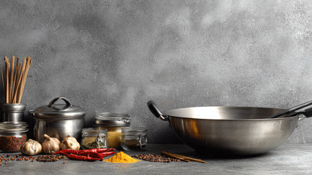 A modern kitchen countertop showcases a variety of spices and ingredients, including garlic and chili, alongside cooking tools, ideal for meal prep.の素材