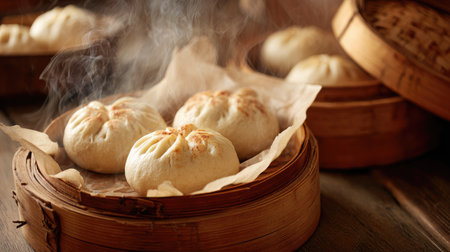 This image features freshly steamed buns in a bamboo steamer, with warm steam rising around them. The rustic wooden background and warm tones highlight the enticing details of this traditional Asian dish. Perfect for showcasing culinary artistry and comfort food.の素材