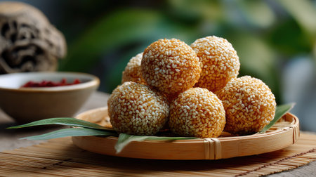 A visually stunning arrangement of golden sesame balls placed on a bamboo plate, surrounded by a lush green background. This delightful dessert captures the essence of traditional Asian cuisine, emphasizing texture and flavor. Perfect for festive occasions or everyday snacks.の素材
