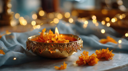 A beautifully arranged oil lamp surrounded by vibrant marigold petals and glimmering fairy lights, creating a serene and festive atmosphere perfect for celebrations.の素材