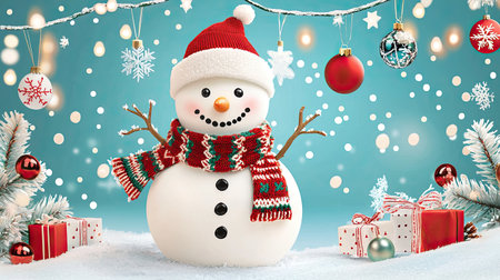 A cheerful snowman stands in a festive holiday scene, decorated with colorful ornaments and surrounded by gifts, evoking joy and warmth this season.の素材