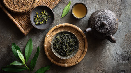 This captivating tea display showcases fresh green leaves, an elegant organic teapot, and traditional bowls, creating a serene ambiance for tea lovers.の素材