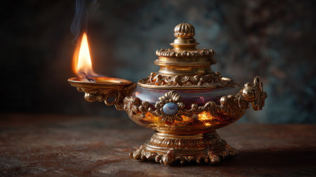 This striking antique brass oil lamp features an elegant flame and intricate design, perfect for adding vintage charm and warmth to any interior space.の素材