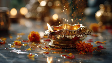 This stunning image features a glowing diya surrounded by vibrant flower petals and shimmering water drops, evoking a sense of celebration and spirituality.の素材