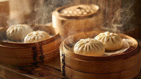 Delicious steamed dumplings are placed in a traditional bamboo basket, releasing aromatic steam in a cozy kitchen setting, highlighting the culinary art.の素材