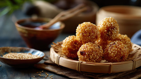An inviting display of crispy sesame coated sweet treats presented on a wooden platter, accompanied by a dark sauce and a bowl of sesame seeds, perfect for culinary delight.の素材