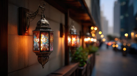 This captivating image showcases ornate lanterns along an urban street at dusk, emitting a warm glow and vibrant colors that enhance the evening atmosphere.の素材