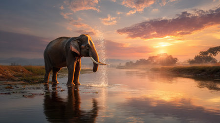 A majestic elephant showcases its playful spirit as it splashes water in a serene river during sunset, surrounded by lush nature and vibrant skies.の素材