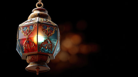 This stunning ornate hanging lantern features colorful glass and intricate patterns, creating a warm and inviting glow that enhances any space.の素材
