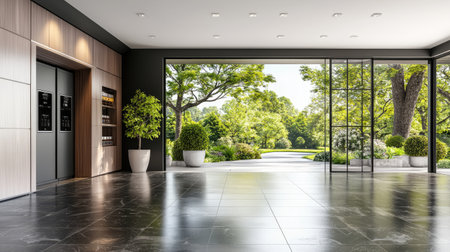 A contemporary lobby featuring sleek elevator access, large glass doors, and a stunning garden view that blends nature with modern design elements.の素材
