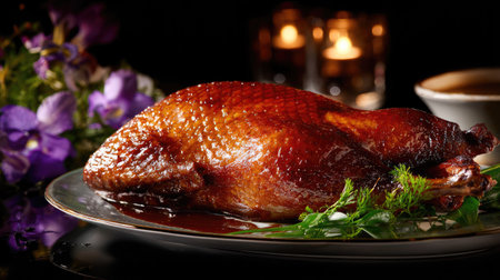 A beautifully presented roasted duck on a fine plate, surrounded by fresh herbs and vibrant flowers, creating an enticing culinary experience.の素材