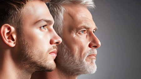 This captivating image showcases the side profiles of a young man and an older man, emphasizing the stark contrast in age and facial features. The artwork beautifully illustrates the journey of life, highlighting themes of youth, wisdom, and generational differences.の素材