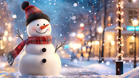A charming snowman with a red scarf and black hat stands proudly in a snowy winter scene. Glowing lights and falling snowflakes create a magical atmosphere.の素材