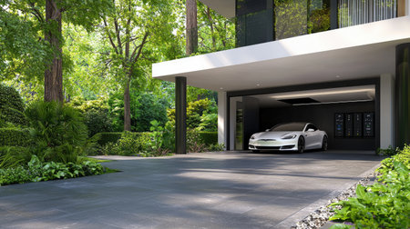 This image captures a modern driveway featuring a sleek white sedan parked in a stylish garage. Lush greenery surrounds the area, showcasing a harmonious blend of nature and contemporary architecture. Ideal for design inspiration.の素材