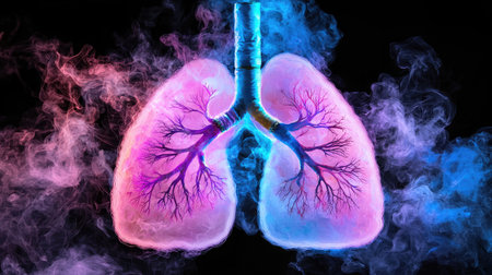 This vibrant abstract illustration of human lungs showcases a stunning interplay of colors and smoke, symbolizing health, vitality, and respiratory function.の素材