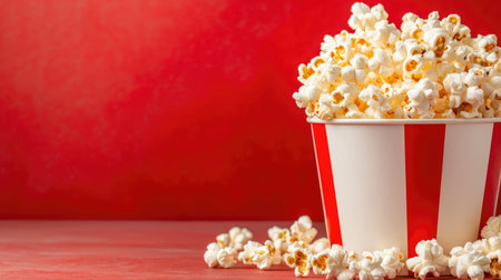 A vibrant image featuring a classic red and white striped bucket overflowing with freshly popped popcorn against a bold red backdrop, evoking a sense of fun.の素材