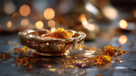 An ornate golden diya adorned with marigold flowers creates a festive atmosphere. Soft bokeh lights in the background enhance the celebratory mood, capturing the essence of joy and tradition.の素材