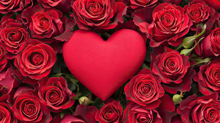 A stunning display of vibrant red roses surrounds a heart-shaped decoration, ideal for celebrating love on special occasions or as a heartfelt gift.の素材