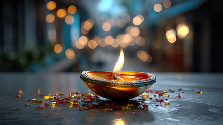 A beautifully crafted candle with a flickering flame sits elegantly on a surface. Surrounding it are colorful glass chunks, creating a warm atmosphere.の素材