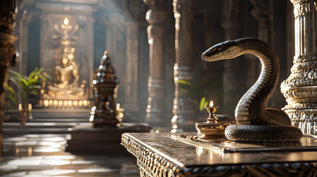 A mesmerizing serpent statue rests on a richly adorned table within an ancient temple. The golden idol in the background adds a touch of reverence, while soft light creates an ethereal atmosphere.の素材