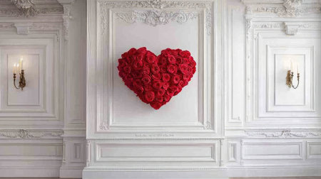 A stunning heart-shaped arrangement of vibrant red roses adorns an ornate white wall, creating a romantic atmosphere perfect for any love-themed occasion.の素材
