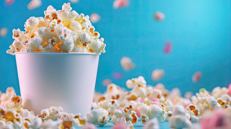 A vibrant image featuring a white bucket overflowing with freshly popped corn, surrounded by scattered kernels against a bright blue background, perfect for snack-themed visuals.の素材