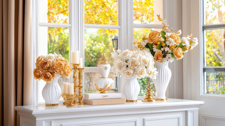 Beautiful floral arrangements in elegant white vases highlight a stylish console table. The bright autumn backdrop enhances the peaceful and cozy atmosphere, perfect for home decor inspiration.の素材