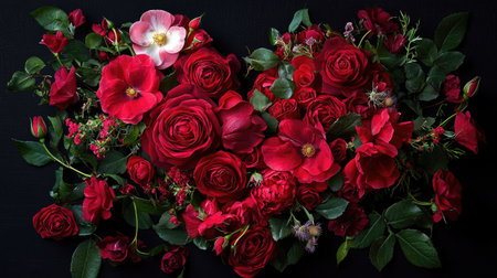 This stunning floral composition features a heart shape made of vibrant red roses and assorted greenery, creating a romantic and elegant visual impact.の素材