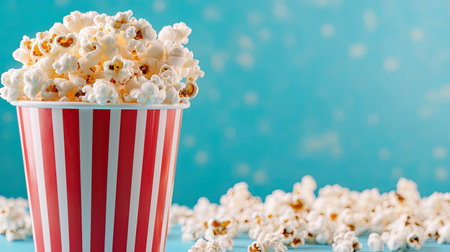 A vibrant image of a classic red and white striped bucket overflowing with freshly popped popcorn. The soft blue background enhances the cheerful essence of snack time. Perfect for movie nights or festive gatherings.の素材
