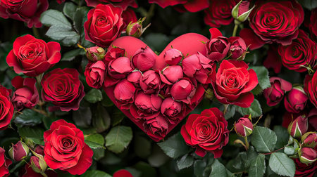 This stunning image showcases a heart-shaped arrangement of vibrant red roses nestled among lush blooms, symbolizing love and romance. Perfect for celebrations, gifts, or romantic themes.の素材
