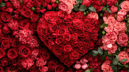 A stunning heart-shaped arrangement of vibrant red roses surrounded by a mix of soft pink and light red flowers, ideal for romantic occasions and celebrations.の素材