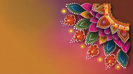This vibrant and colorful traditional floral design showcases intricate leaves and flowers, creating an artistic backdrop that enhances any festive theme.の素材