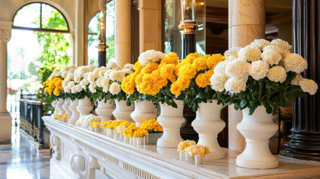 A stunning display of vibrant yellow and elegant white flowers arranged in decorative planters, highlighting the luxurious ambiance of a marble lobby.の素材
