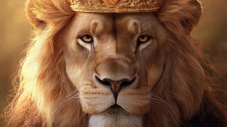 This striking portrait features a majestic lion wearing a golden crown, embodying power and strength in the animal kingdom. The regal expression showcases its fierce gaze and natural beauty.の素材