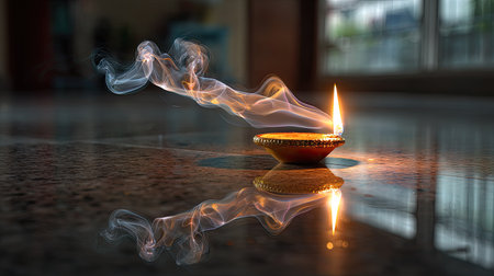 This captivating image showcases a traditional oil lamp with a flickering flame, surrounded by gentle smoke, reflected beautifully on a polished marble surface.の素材
