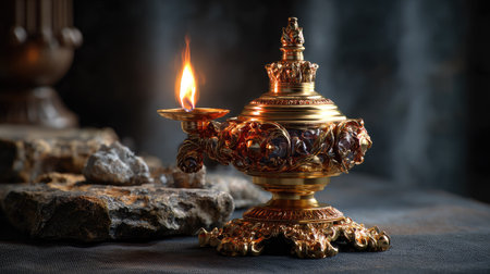 This ornate decorative oil lamp features a flickering flame and exquisite golden detailing, creating a warm ambiance in any space. The intricate design adds a touch of elegance and history, making it a perfect choice for home decor or as an artistic accent piece.の素材