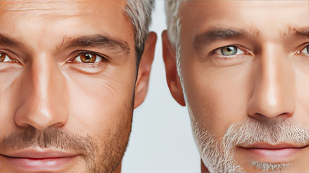 This image features two distinct male faces showcasing different hair colors and skin tones, capturing emotion and expression in a clean composition.の素材