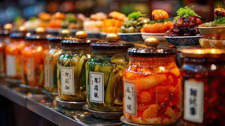 A colorful array of preserved vegetables and fruits displayed in glass jars at a vibrant market stall, showcasing traditional culinary practices and local flavors.の素材