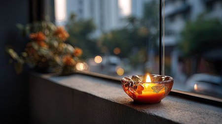 A serene candle beautifully placed on a windowsill, casting soft light against a blurred city background, perfect for creating a cozy atmosphere.の素材