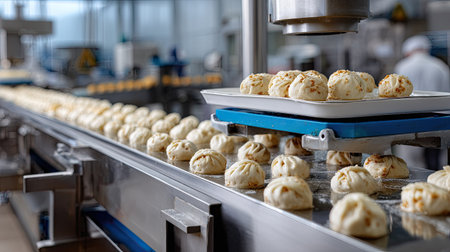 This image captures a modern food production facility, showcasing steamed buns moving along a conveyor belt, symbolizing efficiency and hygiene in culinary craftsmanship.の素材