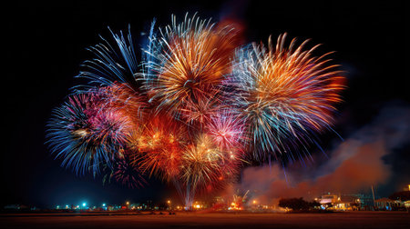 A stunning display of vibrant fireworks bursting in the night sky over a beach, creating a dazzling spectacle of light and color, perfect for celebrations.の素材