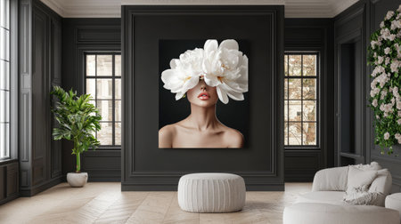 This captivating image showcases an indoor setting with a striking portrait of a woman adorned with oversized white flowers as a headpiece, elegantly framed by dark walls.の素材