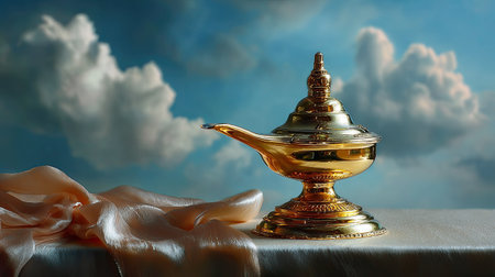 A beautifully crafted golden oil lamp positioned on a silky cloth, set against a tranquil sky filled with soft clouds, evoking magical and enchanting themes.の素材