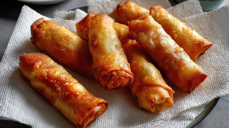 A tempting display of crispy golden spring rolls resting on a white paper towel, showcasing their delicious texture and inviting appearance. Ideal for appetizers.の素材