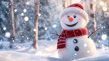 A delightful snowman stands in a serene snowy setting, adorned with a bright red hat and scarf, capturing the joy of winter and holidays.の素材