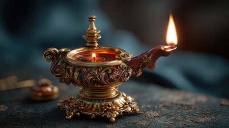 This exquisite antique oil lamp features ornate golden details and a warm flickering flame, creating an enchanting atmosphere perfect for decor and elegance.の素材